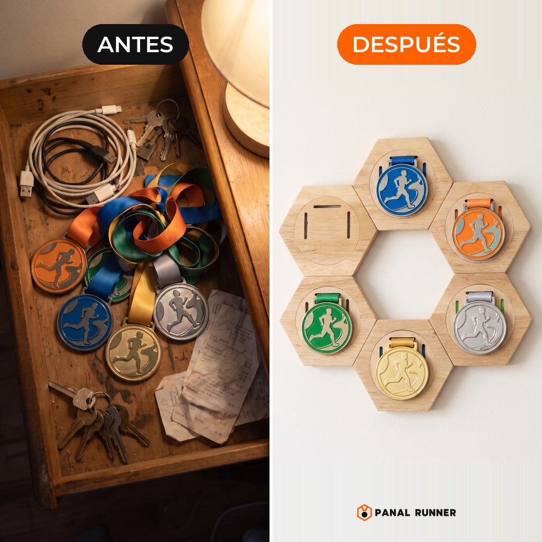 Antes: medallas en un cajón. Después: medallas en el panal